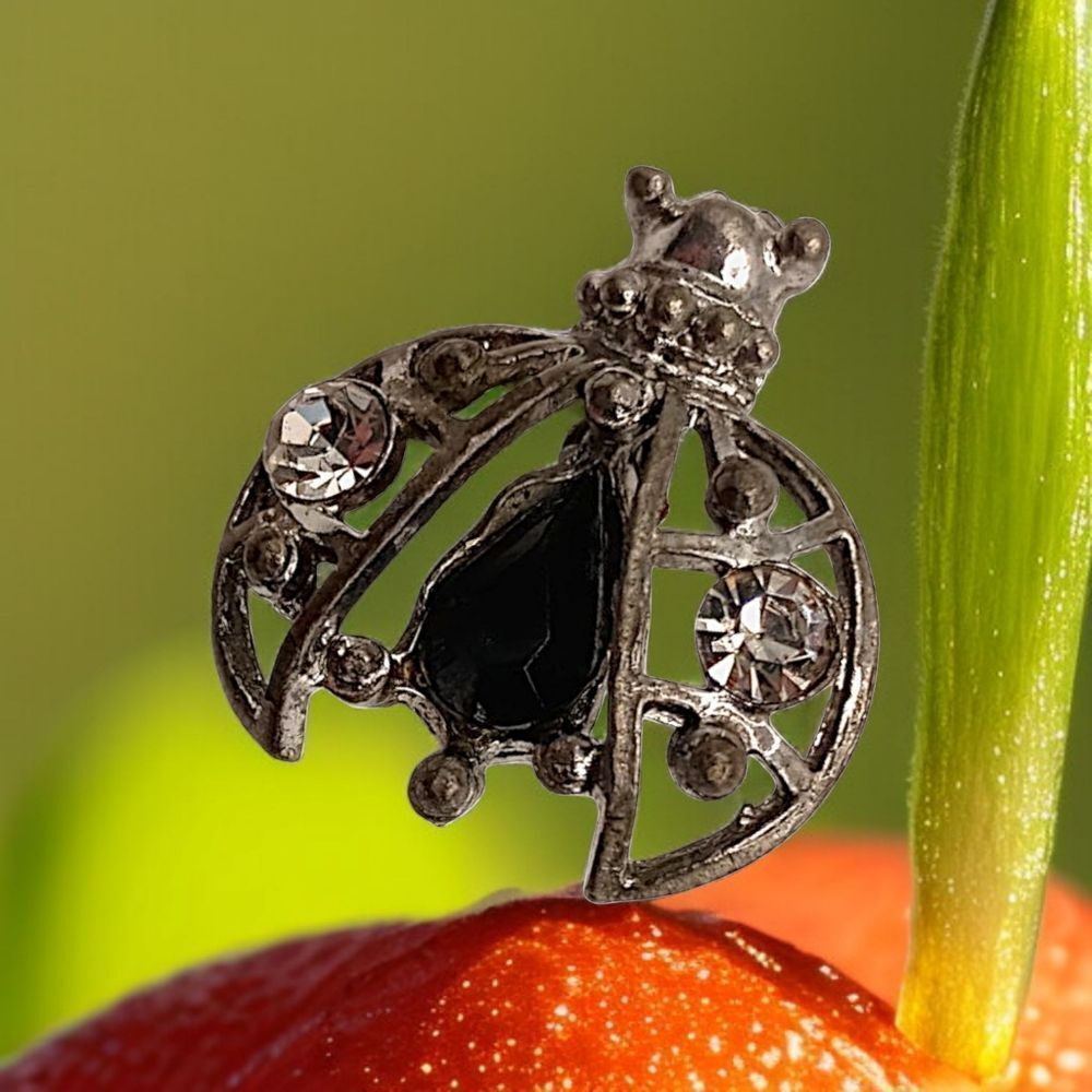 Insect Bug Beetle Brooch Pin Rhinestones Silver Tone PATINA Vintage Kitschy MCM